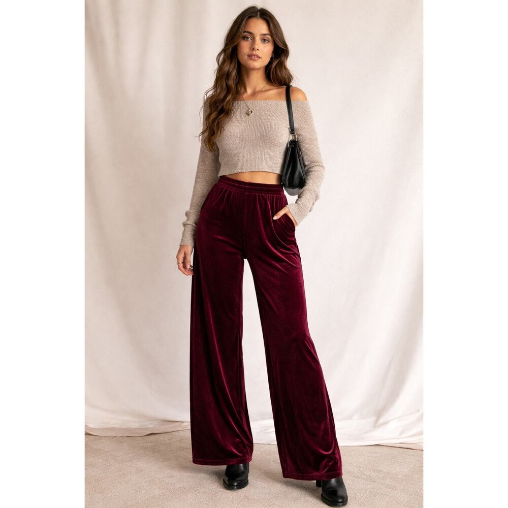 Vintage MINA Collection Burgundy Velvet Pants Made USA Wide Leg L Women